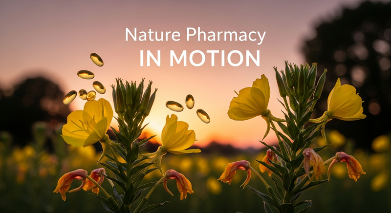 Evening primrose flowers swaying at sunset with golden softgel capsules among the petals