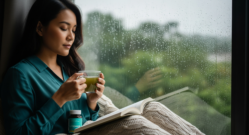 Woman in reading nook with green tea and L-theanine supplement