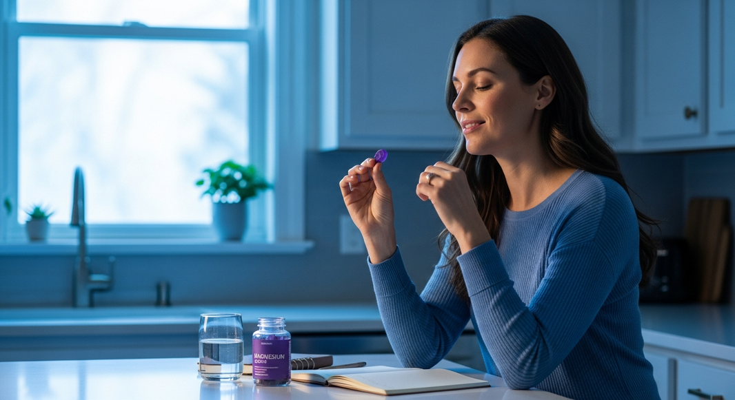Woman at kitchen counter taking magnesium gummy - KINDNATURE morning ritual