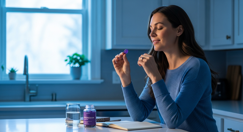 Woman at kitchen counter taking magnesium gummy - KINDNATURE morning ritual