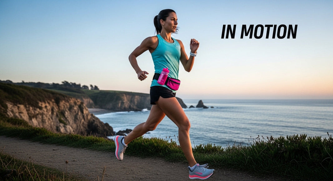 Female runner mid-stride on coastal trail at dawn - KINDNATURE potassium electrolytes