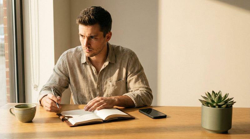 Young professional in calm focused flow state at sunlit workspace with green tea representing L-theanine for ADHD focus