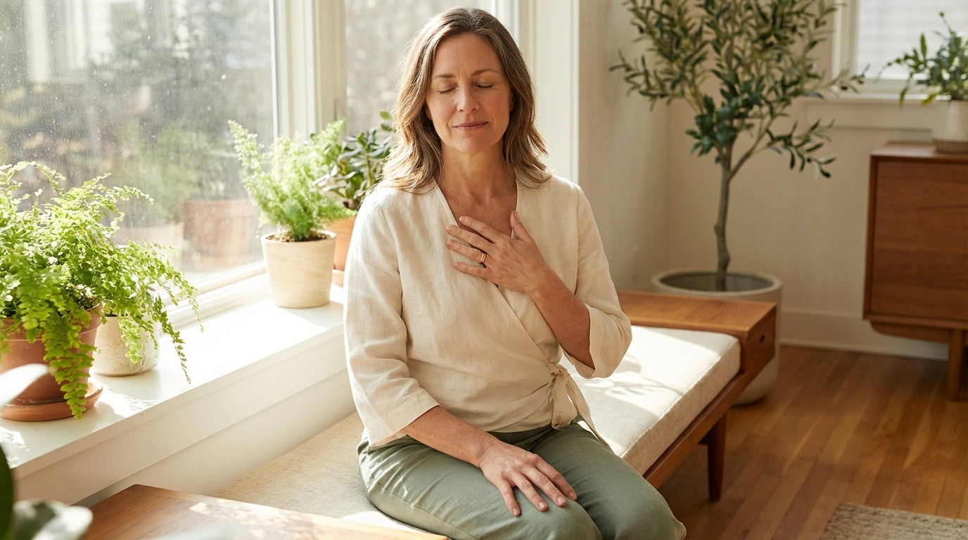 Calm woman meditating by window with hand on heart for blood pressure support