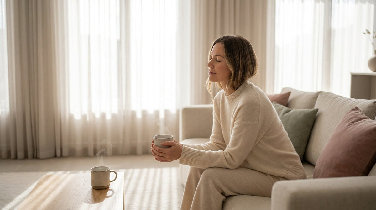 Woman enjoying calm moment with green tea, L-theanine for cortisol management