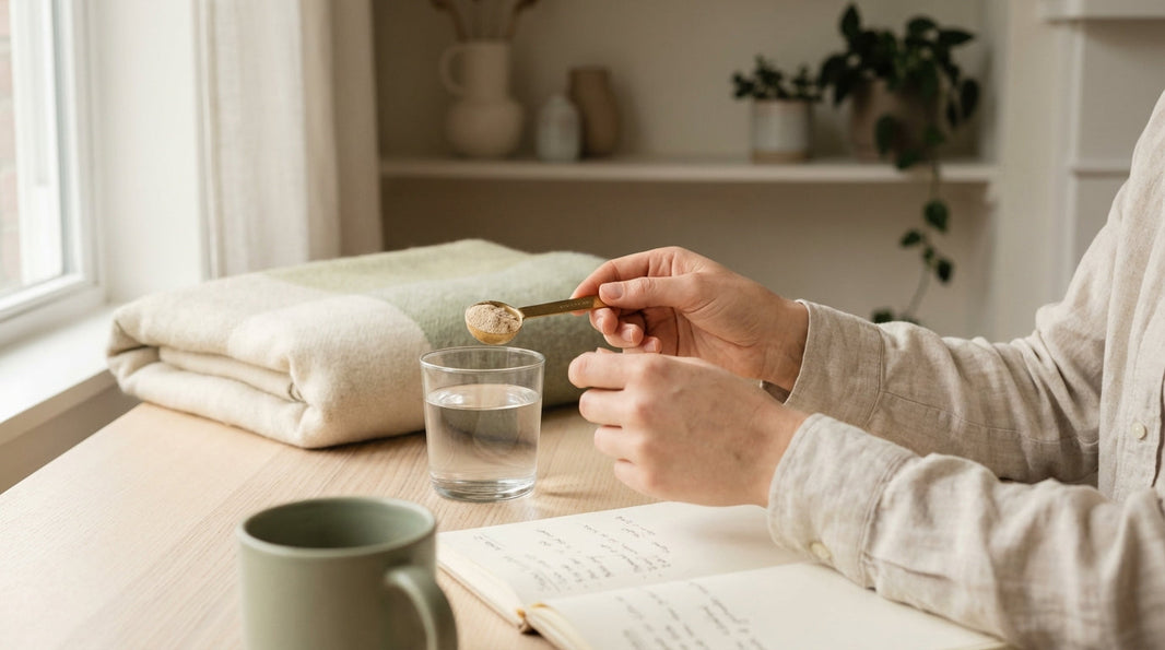 Person with notebook and supplement measuring spoon representing precise L-theanine dosing