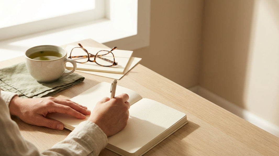 Person writing in journal with focused concentration representing mental clarity from L-theanine