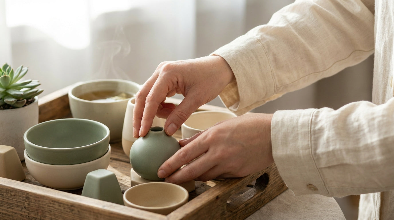 Mindful arrangement with ceramic objects representing calm focus for OCD management