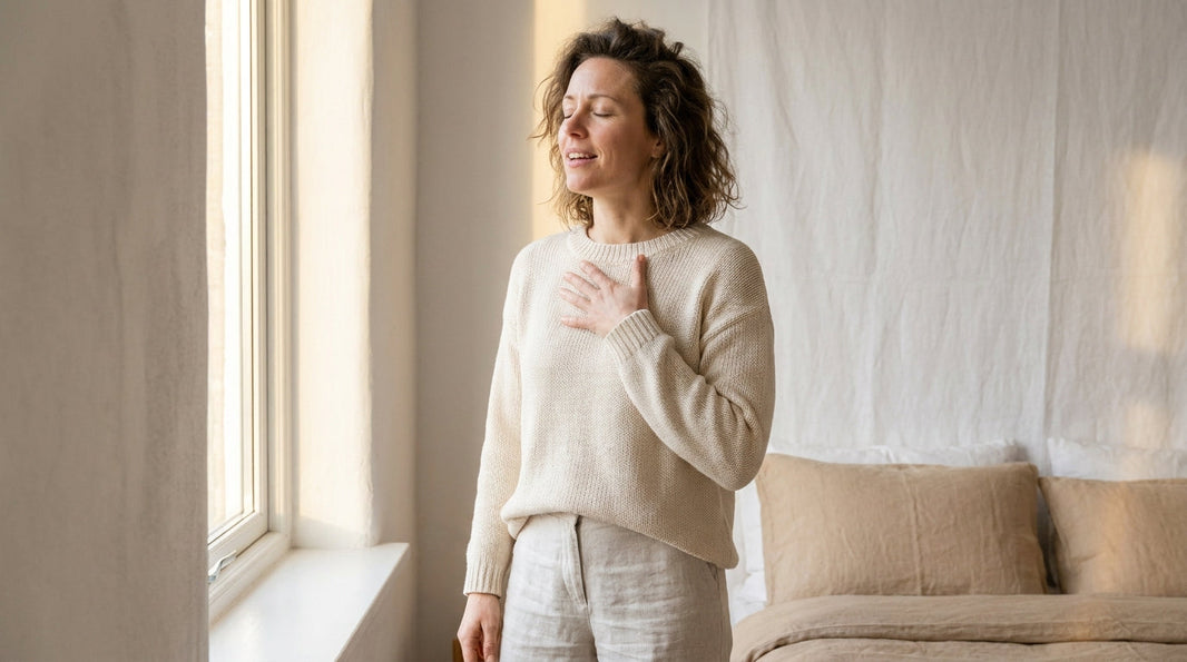 Woman practicing calming breath during anxiety moment