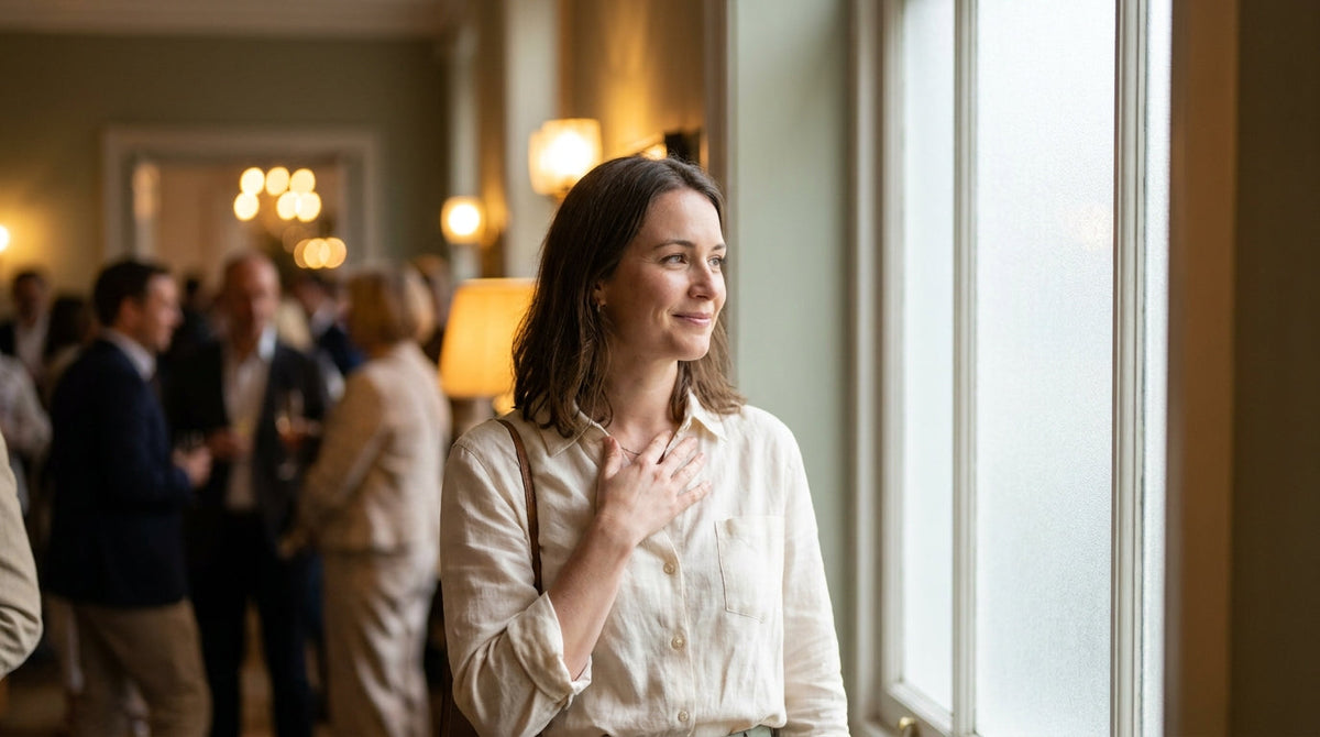 Woman at social event looking calm and present with soft natural lighting