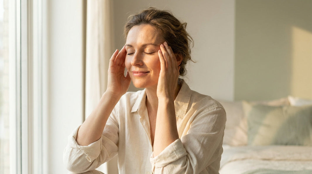 Woman with eyes closed pressing temples in peaceful relief for L-theanine tinnitus article