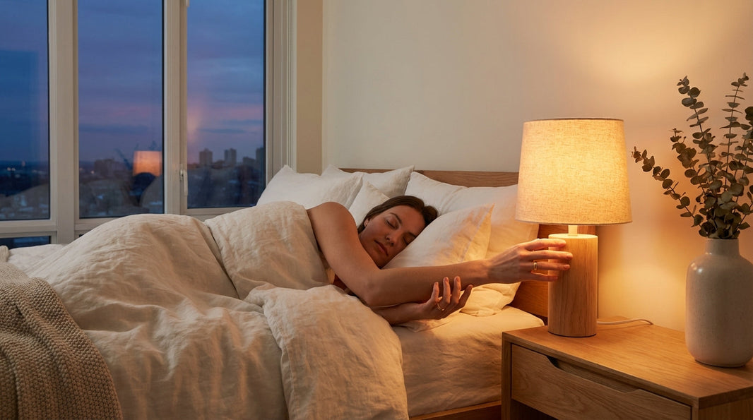 Intimate bedroom scene at dusk with warm bedside lamp and peaceful sleep environment