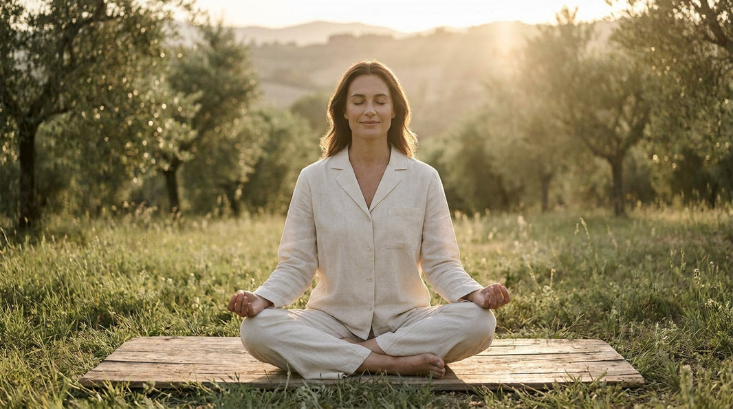 Peaceful woman in soft golden light meditation pose for L-theanine vs rhodiola comparison