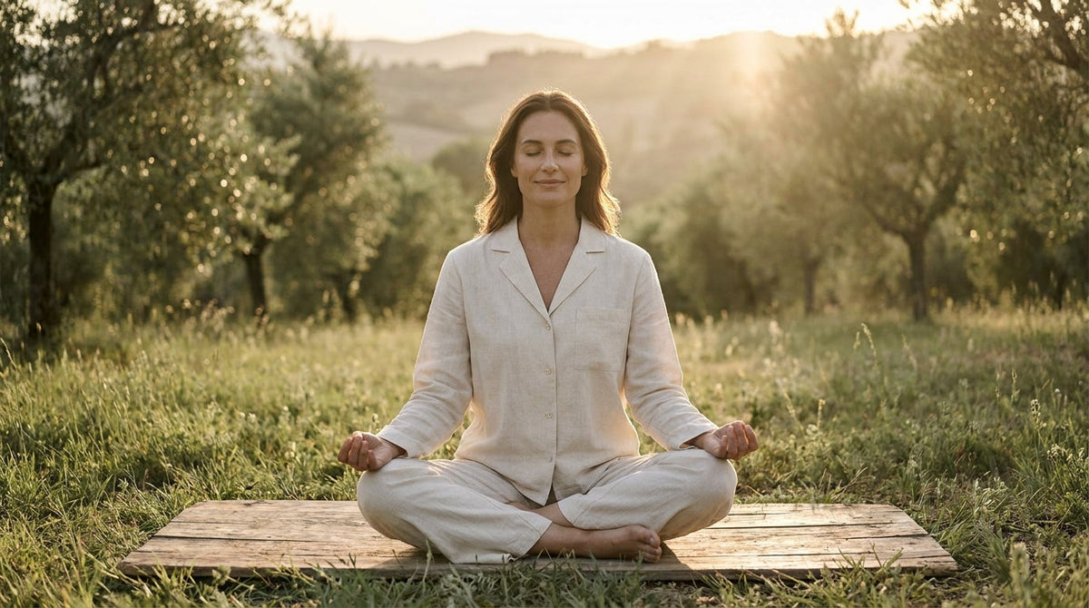 Peaceful woman in soft golden light meditation pose for L-theanine vs rhodiola comparison