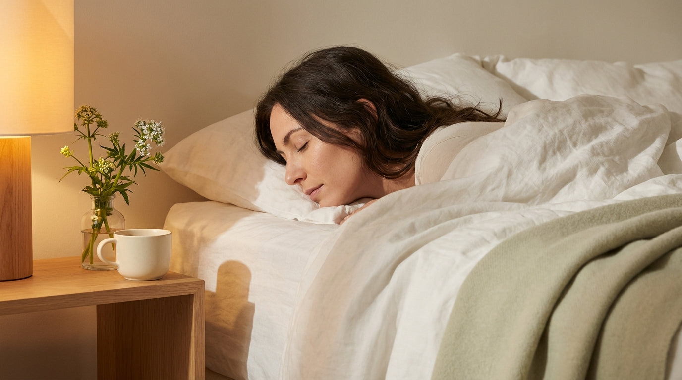 A serene woman with closed eyes in white bedding, choosing between natural sleep remedies
