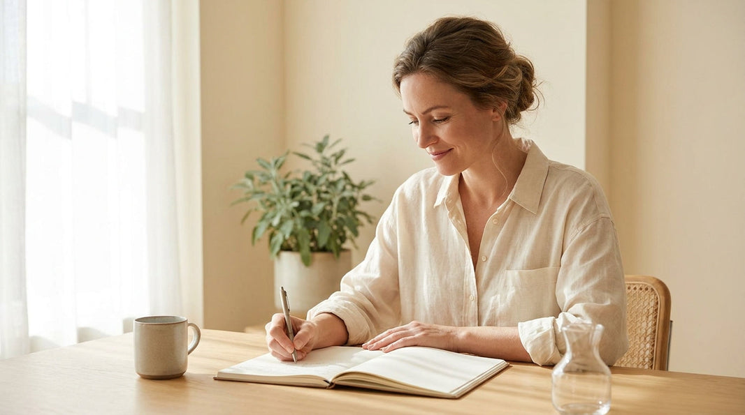 Woman at desk with focused attention, soft natural morning light