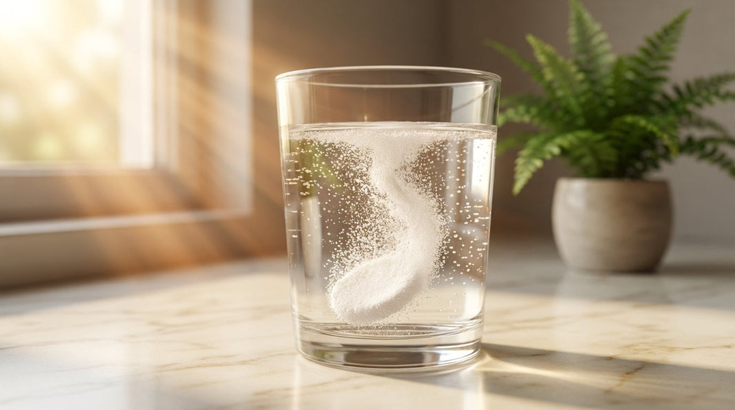 Glass of water with effervescent magnesium citrate dissolving in soft morning light