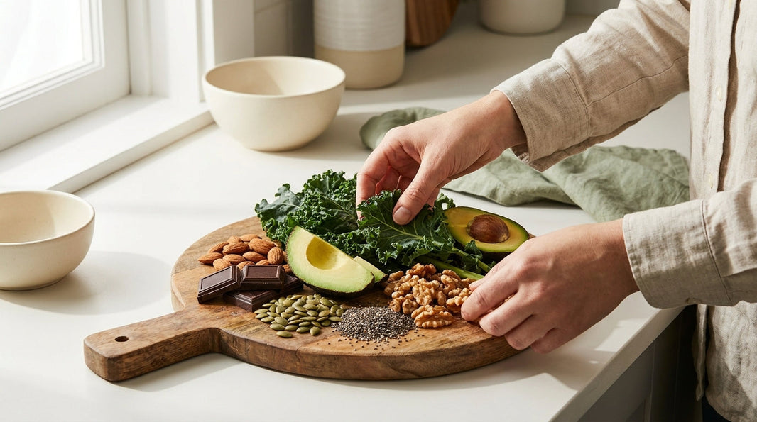 Magnesium-rich whole foods meal prep scene on wooden cutting board