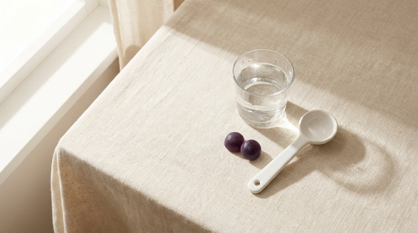 Minimalist flat lay of gummies and water glass on cream linen with soft morning light