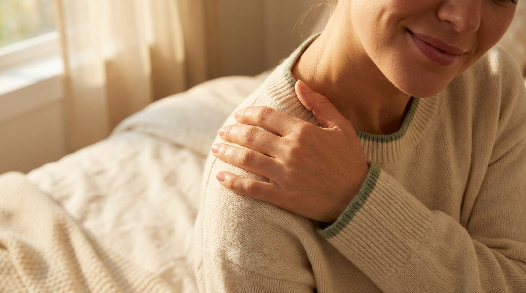 Woman gently massaging shoulder in warm light for fibromyalgia relief