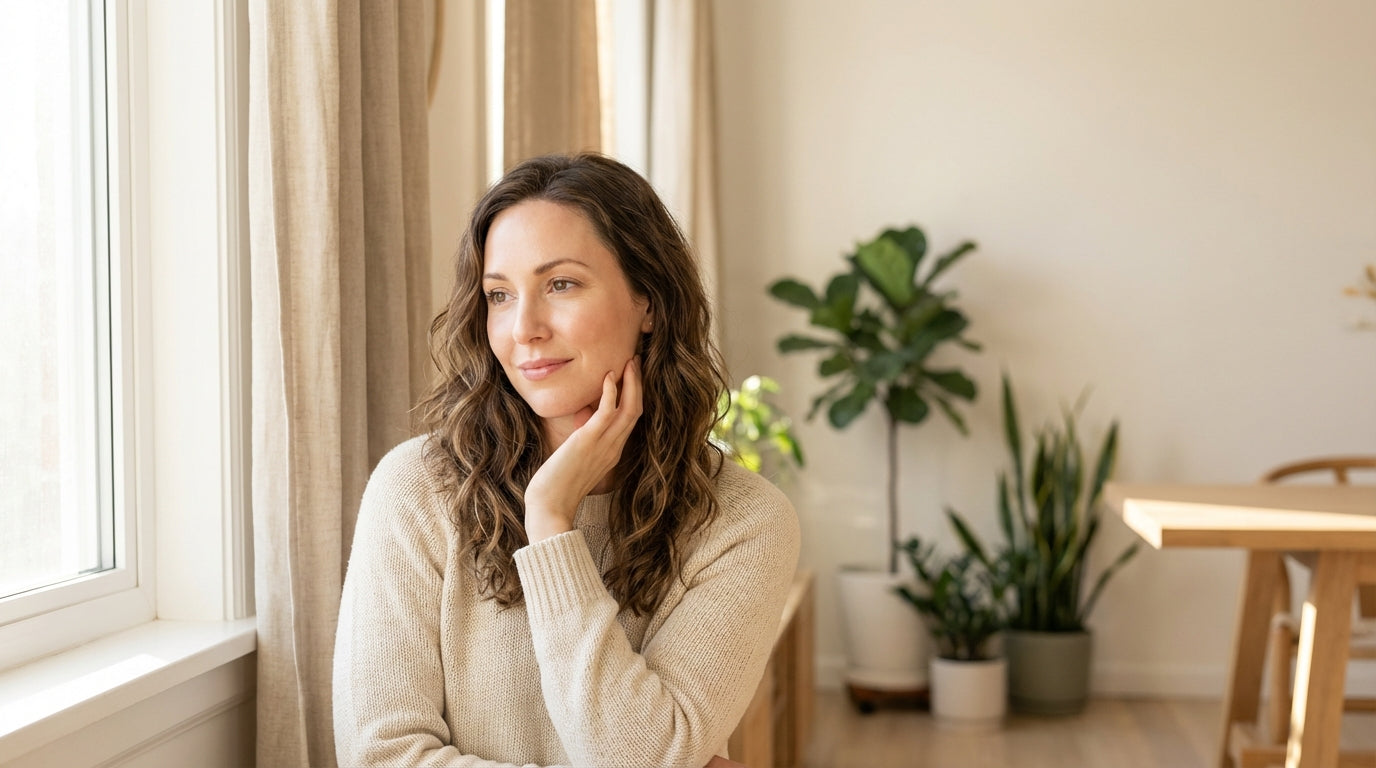 Woman gently touching her jaw area representing TMJ relief