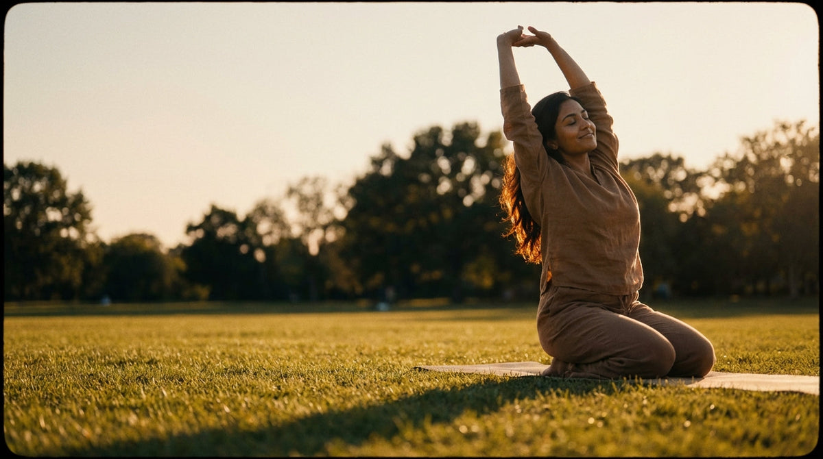 Woman stretching in golden hour light representing the calming benefits of magnesium glycinate