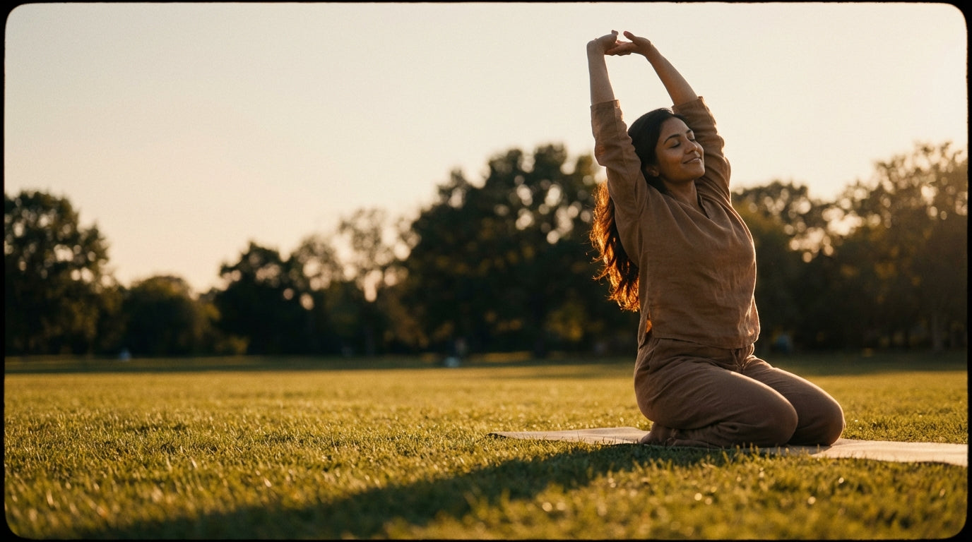 Woman stretching in golden hour light representing the calming benefits of magnesium glycinate