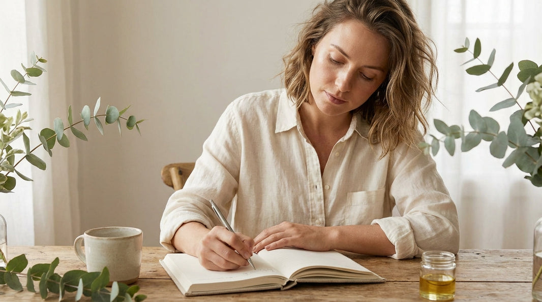 Woman with cycle tracking journal representing magnesium for PCOS support