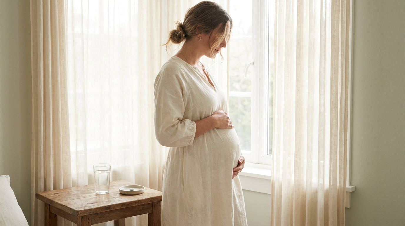 Pregnant woman by sunlit window representing prenatal wellness and magnesium benefits