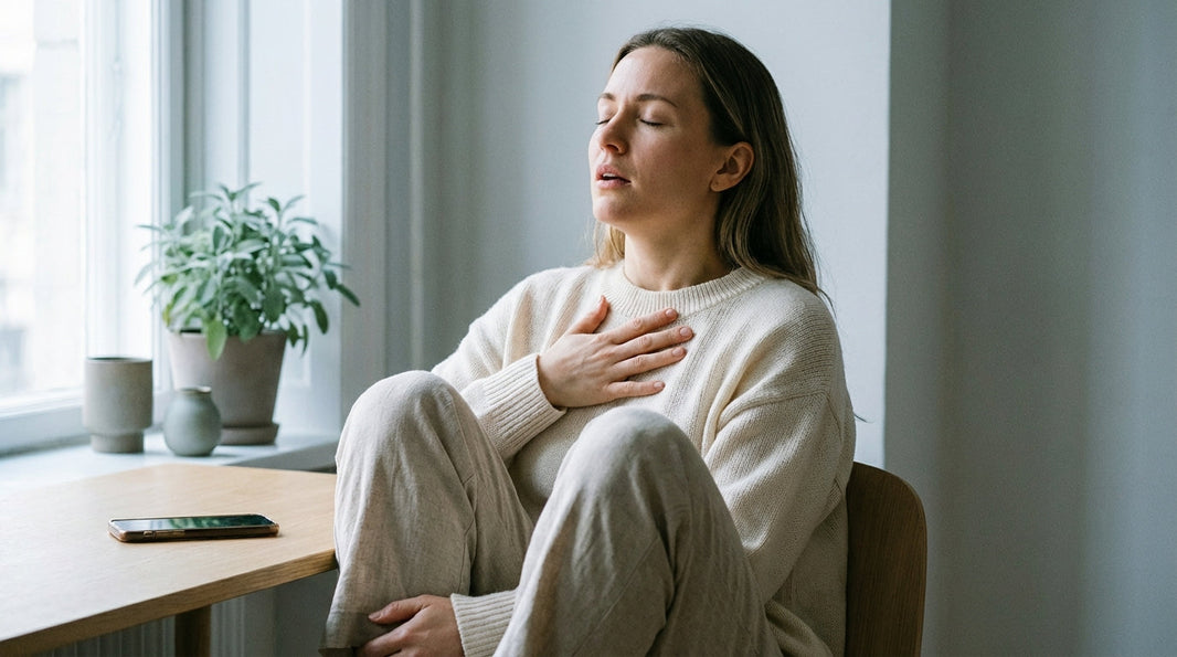 Woman practicing stress relief breathing, calm expression, natural light