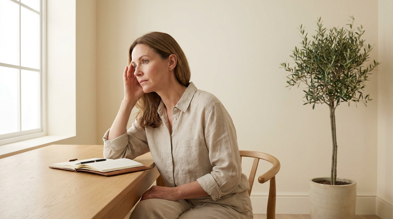 Woman in contemplative thought representing cognitive clarity and brain health for magnesium comparison