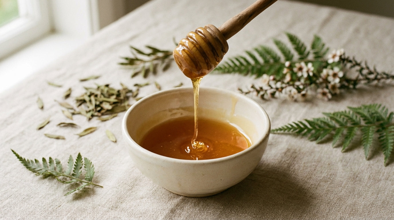 Manuka honey drizzle with golden amber tones representing antibacterial properties