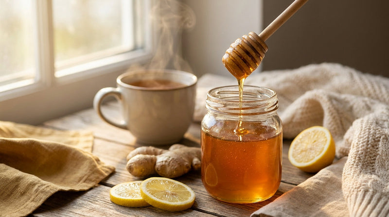 Golden honey with lemon and ginger, creating a soothing natural remedy atmosphere