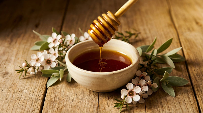 Golden manuka honey dripping from wooden dipper into ceramic bowl surrounded by manuka flowers