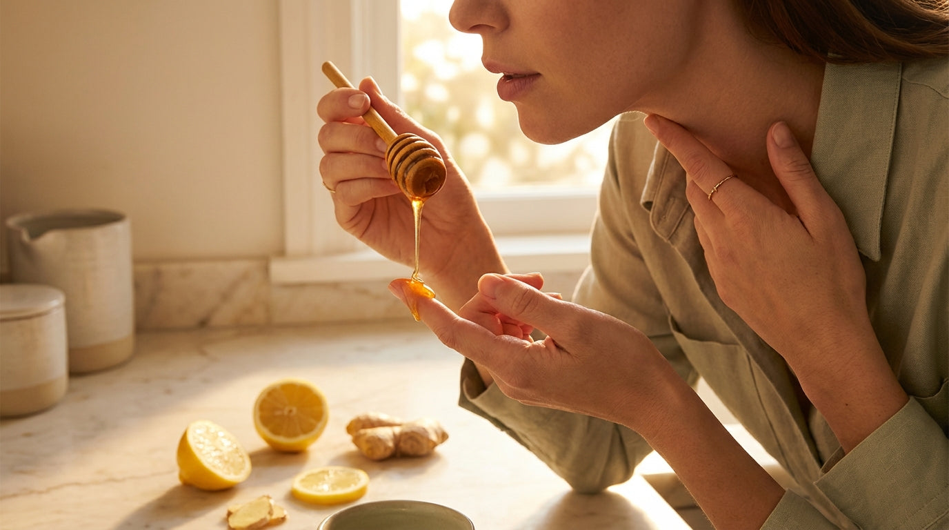 Golden honey dipper dripping Manuka honey with lemon and ginger, warm golden hour light