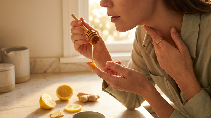 Golden honey dipper dripping Manuka honey with lemon and ginger, warm golden hour light
