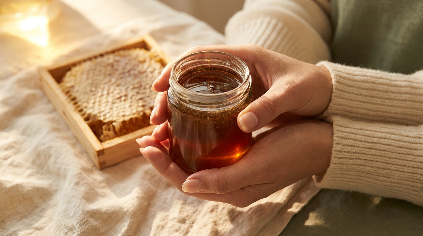 Golden manuka honey jar with honeycomb background