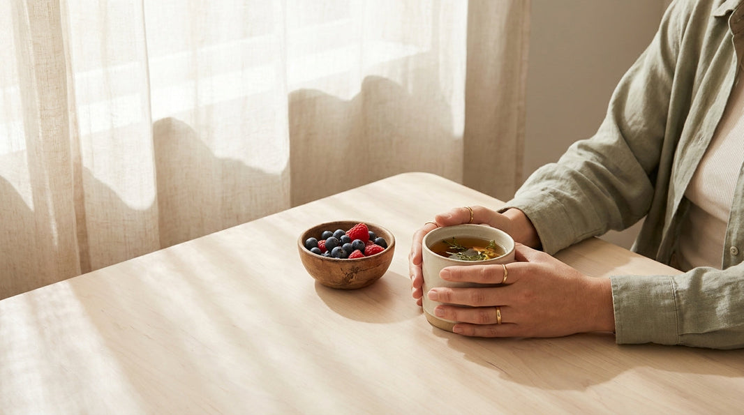 Hands holding tea with berries representing mindful eating for myo-inositol binge eating article