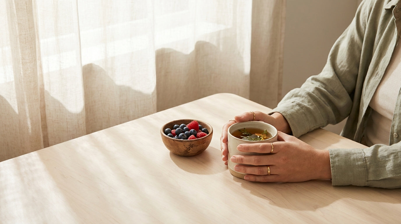 Hands holding tea with berries representing mindful eating for myo-inositol binge eating article