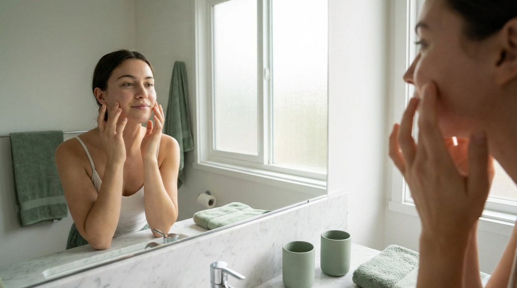Woman touching clear skin in morning light