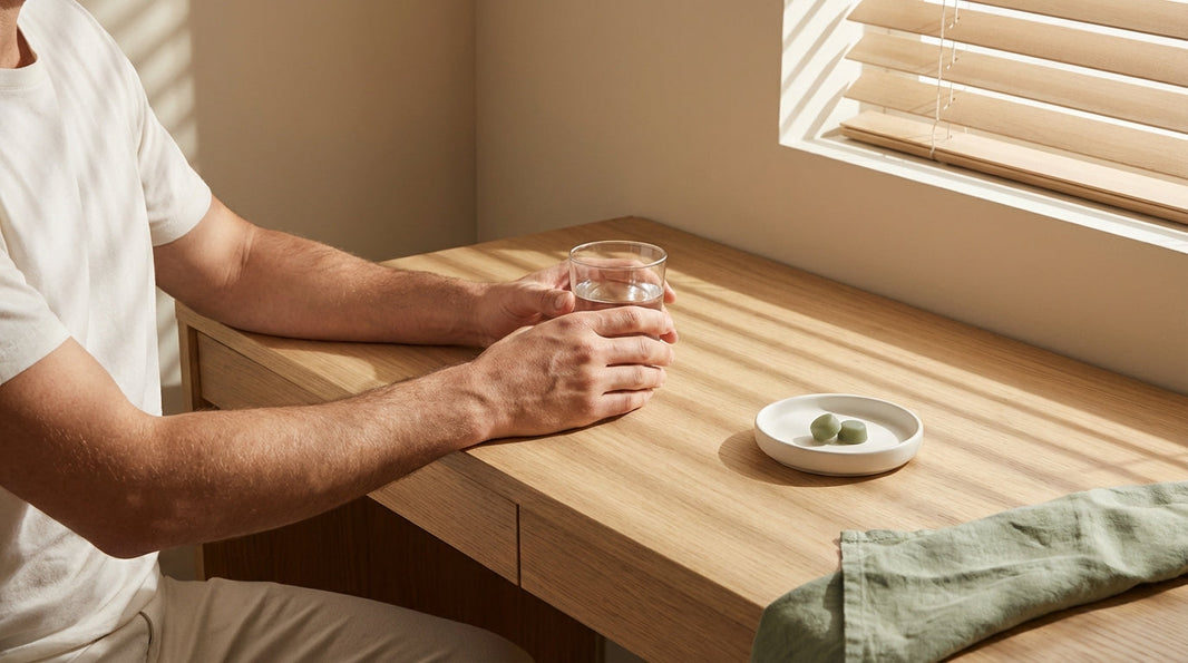 Man taking myo-inositol supplement at a minimal desk — masculine wellness routine