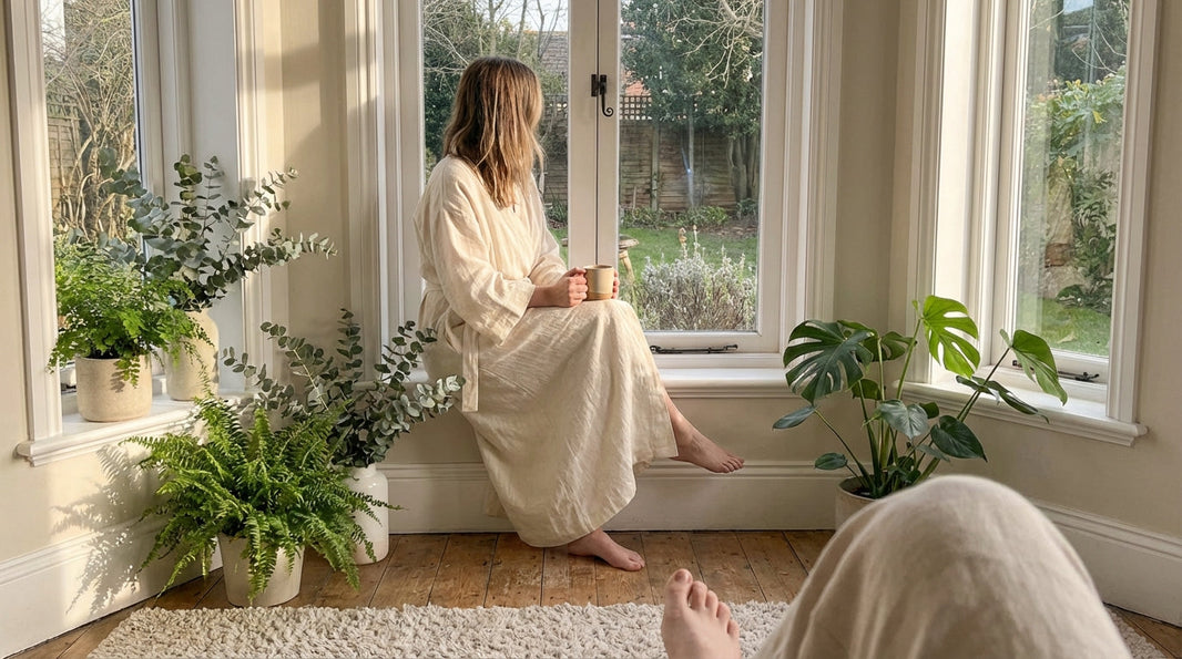 Woman journaling and tracking her cycle at a cozy table with warm morning light