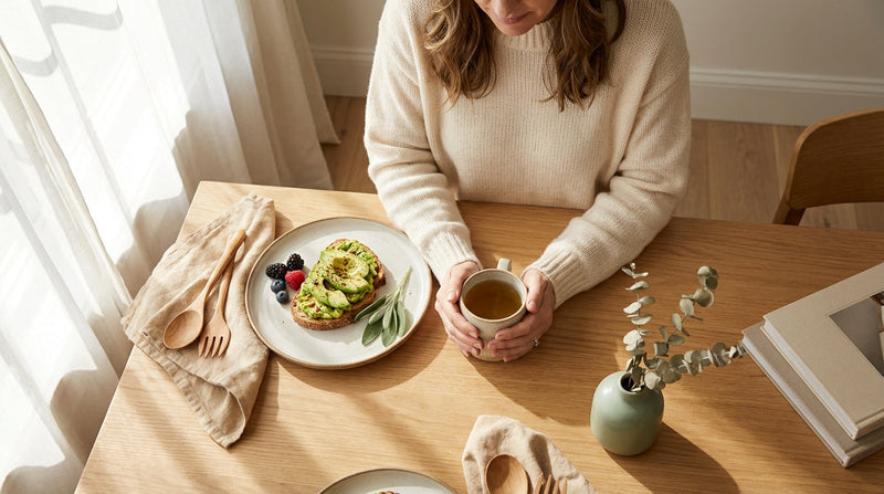 Woman enjoying a balanced breakfast representing healthy blood sugar management