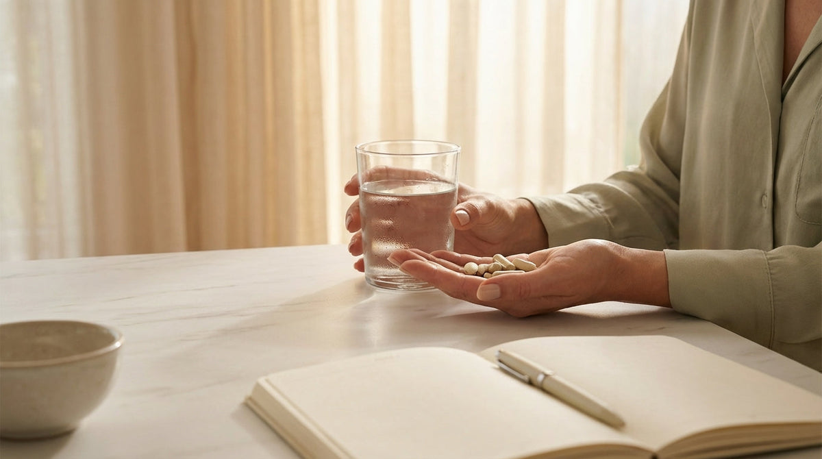 Woman taking supplements with water in natural morning light