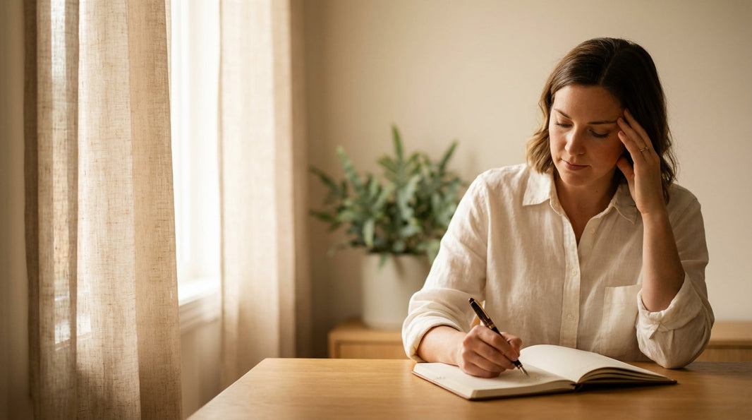 Woman journaling at a minimal desk with warm morning light, representing calm focus and niacinamide for anxiety support