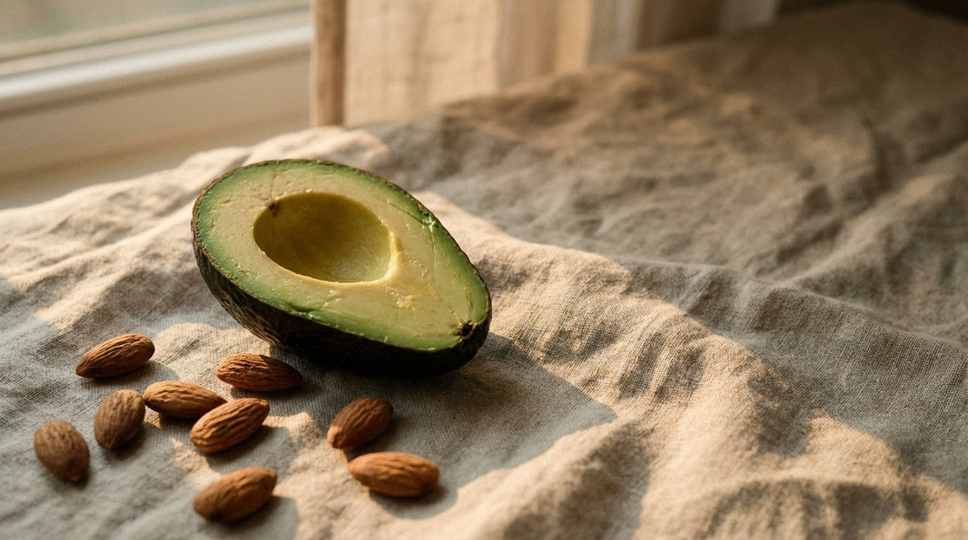 Avocado and almonds on linen cloth in warm golden light representing niacinamide-rich foods for energy metabolism