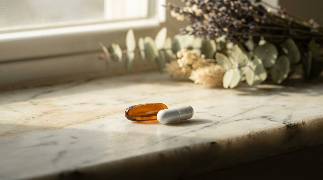 Close-up still life of niacinamide and niacin supplement capsules on marble surface with warm directional lighting