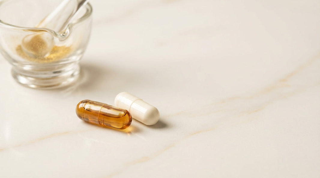 Contrasting supplement capsules on marble surface representing niacinamide versus niacin vitamin B3 comparison