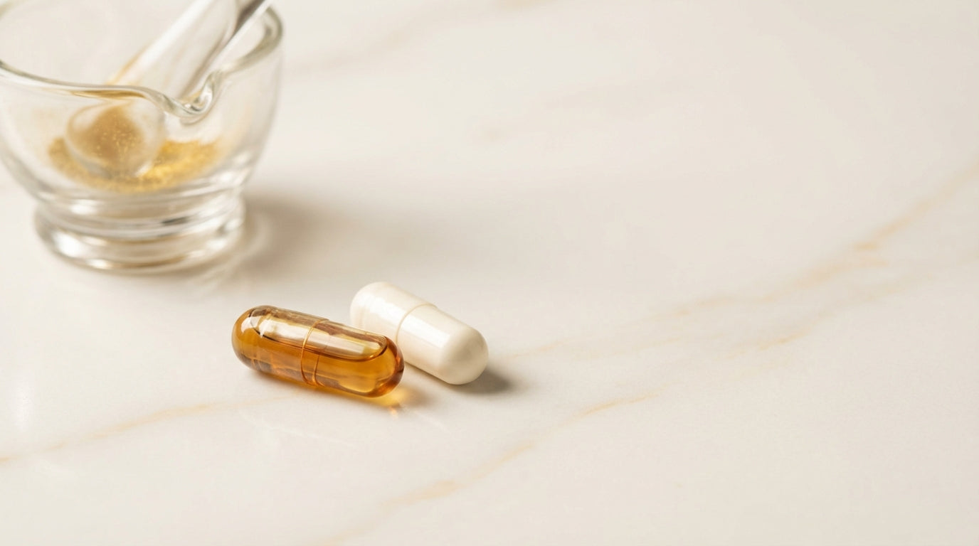 Contrasting supplement capsules on marble surface representing niacinamide versus niacin vitamin B3 comparison