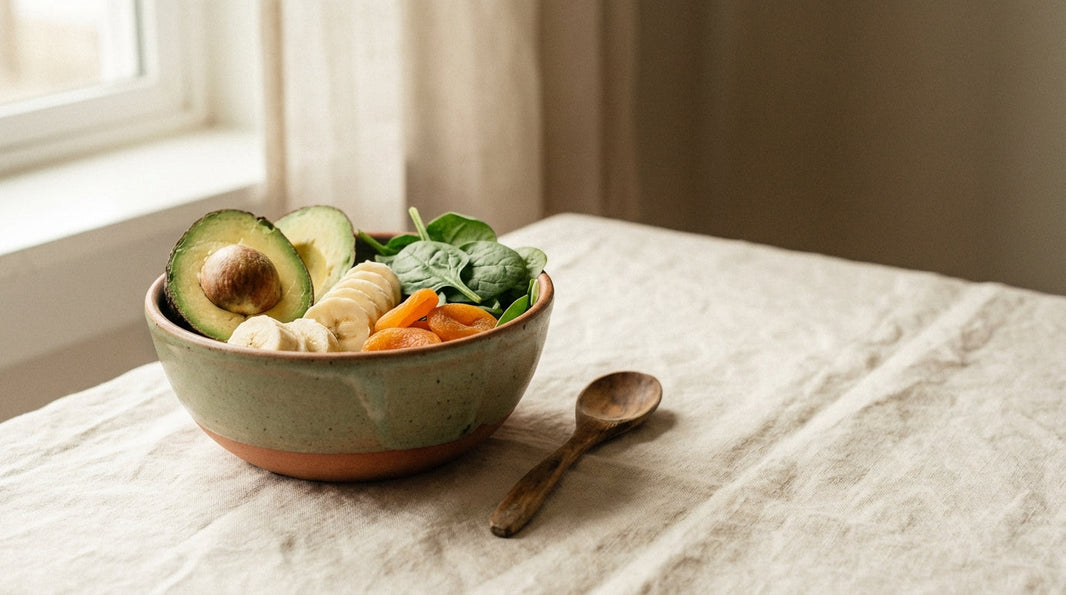 Ceramic bowl of potassium-rich foods including avocado, banana, and spinach on cream linen