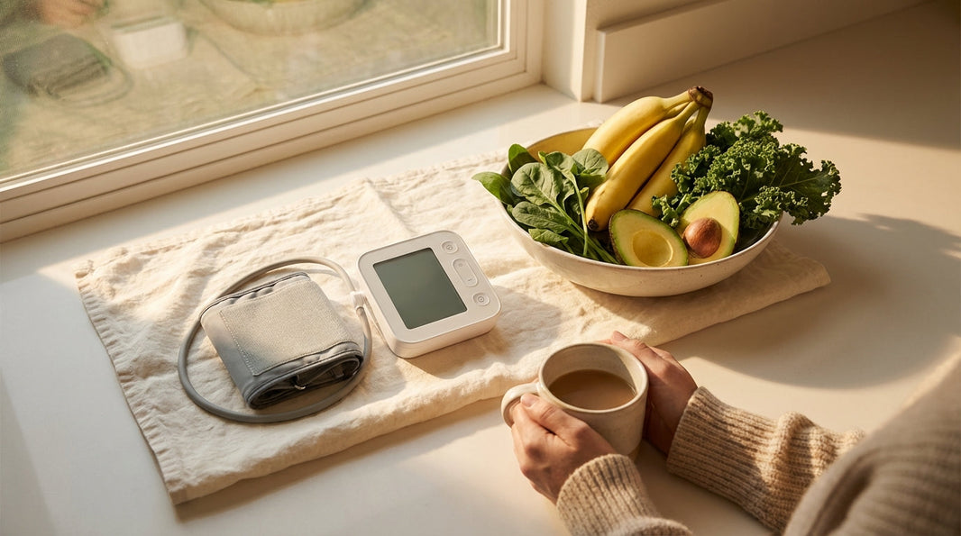Blood pressure monitor beside potassium-rich fruits on cream linen in soft morning light
